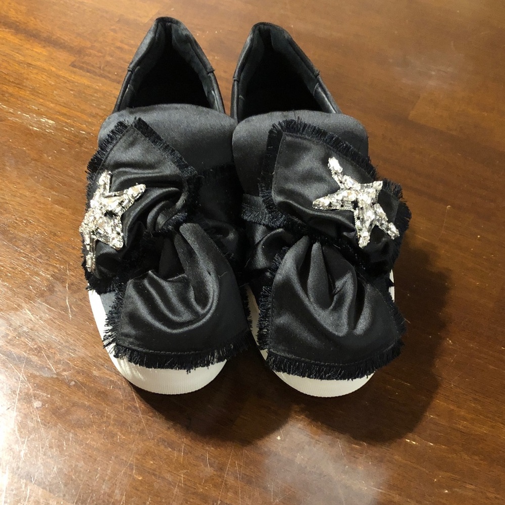 J/SLIDES Black Satin Slip-On Sneakers with Bow & Crystal Star Accent